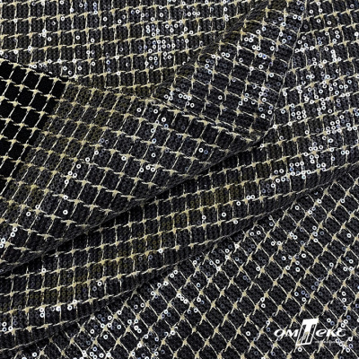 Ткань костюмная с пайетками, 100%полиэстр, 460+/-10 гр/м2, 150см #309 - цв. чёрный - купить в Ухте. Цена 1 203.93 руб.